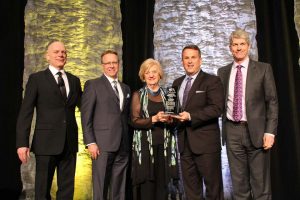 Home Instead Senior Care representatives were on hand to receive the prestigious Outstanding Corporate Citizen Award at the 25th annual Canadian Franchise Association National Convention in Ottawa. From left are: Rainer Mueller, Mount Seven Group; Roger Seier, Home Instead; Phyllis Hegstrom, Home Instead; Rod Roberts, Home Instead; and Don Leslie, A&W Food Services of Canada.