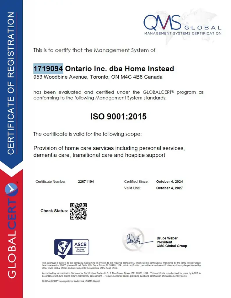 ISO 9001 certificate East Toronto location
