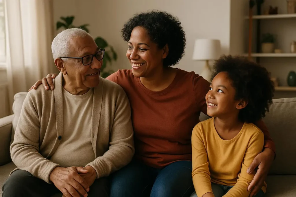 Multi-generational family showing sandwich generation caregiving in Toronto